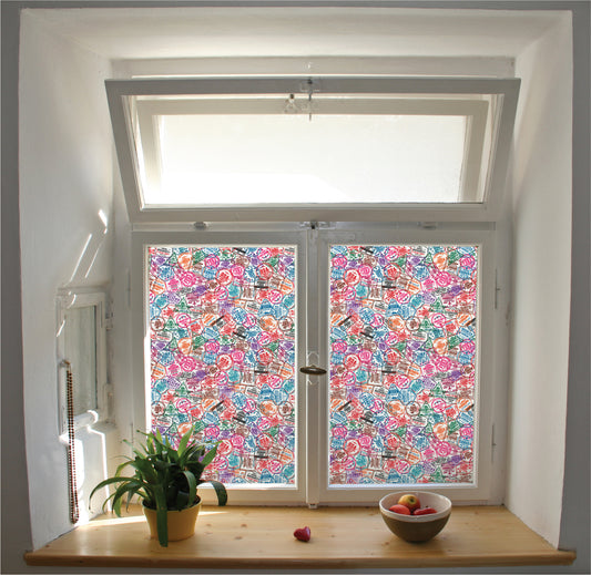 Passport stamps pattern window film privacy stained glass effect
