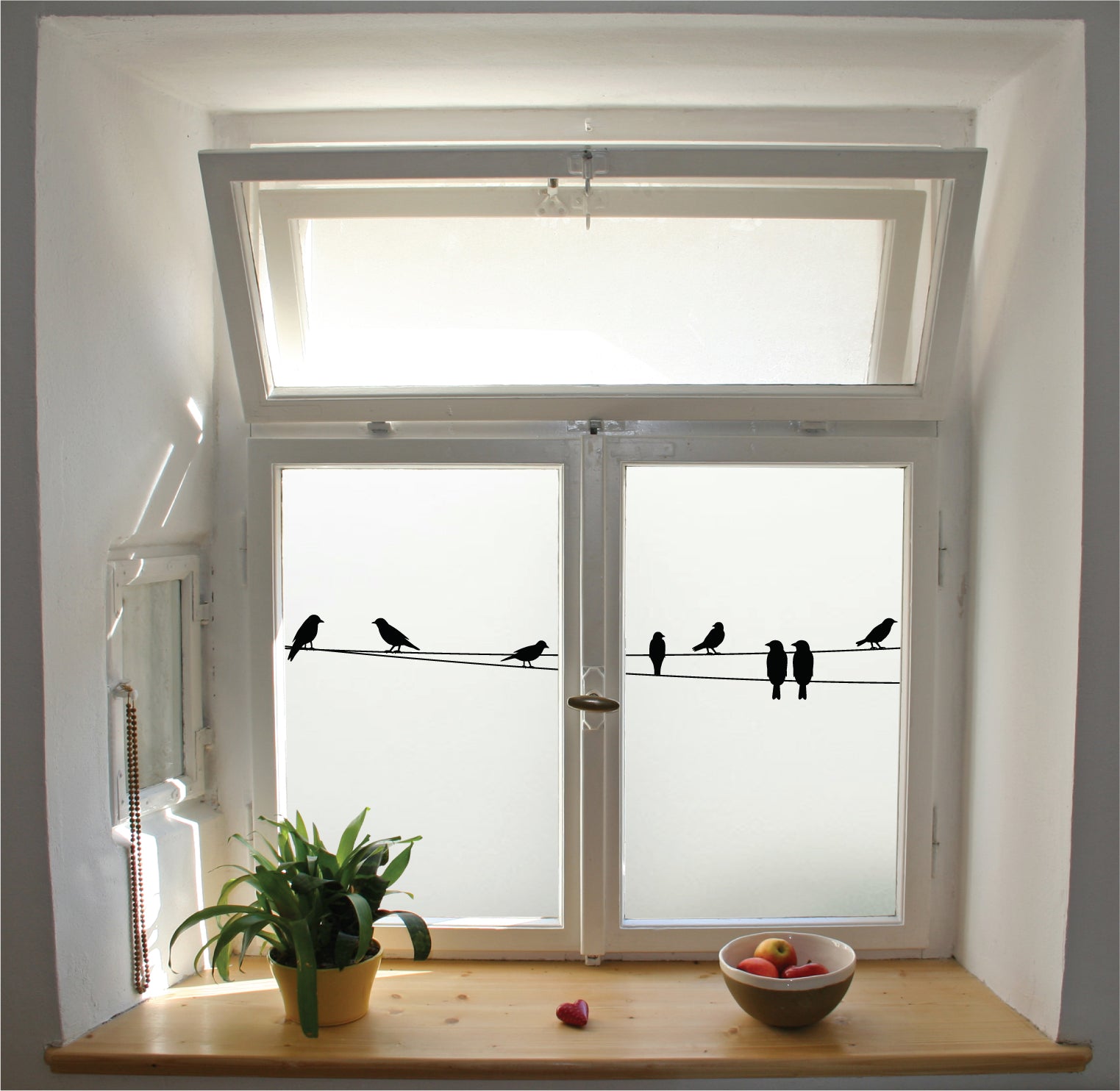 Birds sitting on wire window film privacy stained glass effect