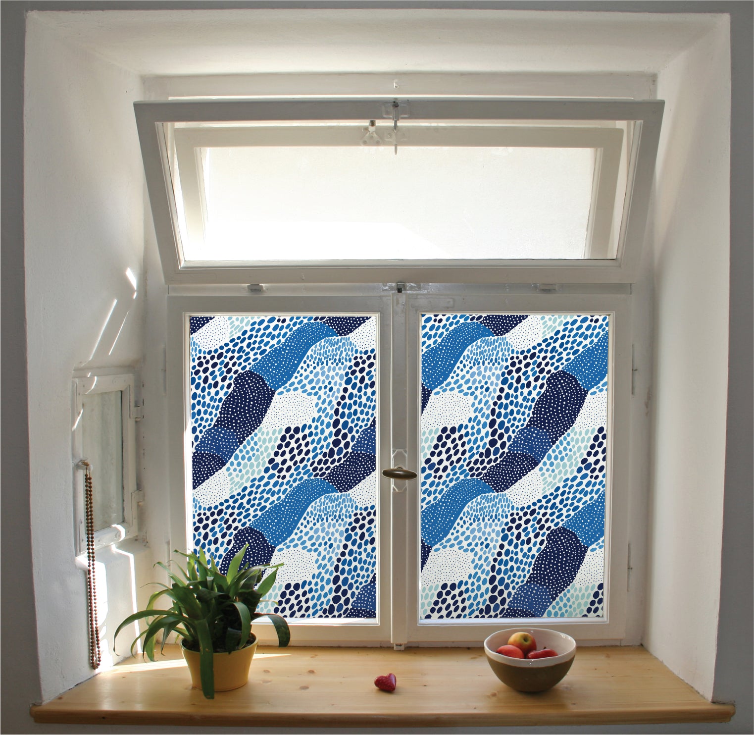 Flowing blue wave and dots pattern window privacy film