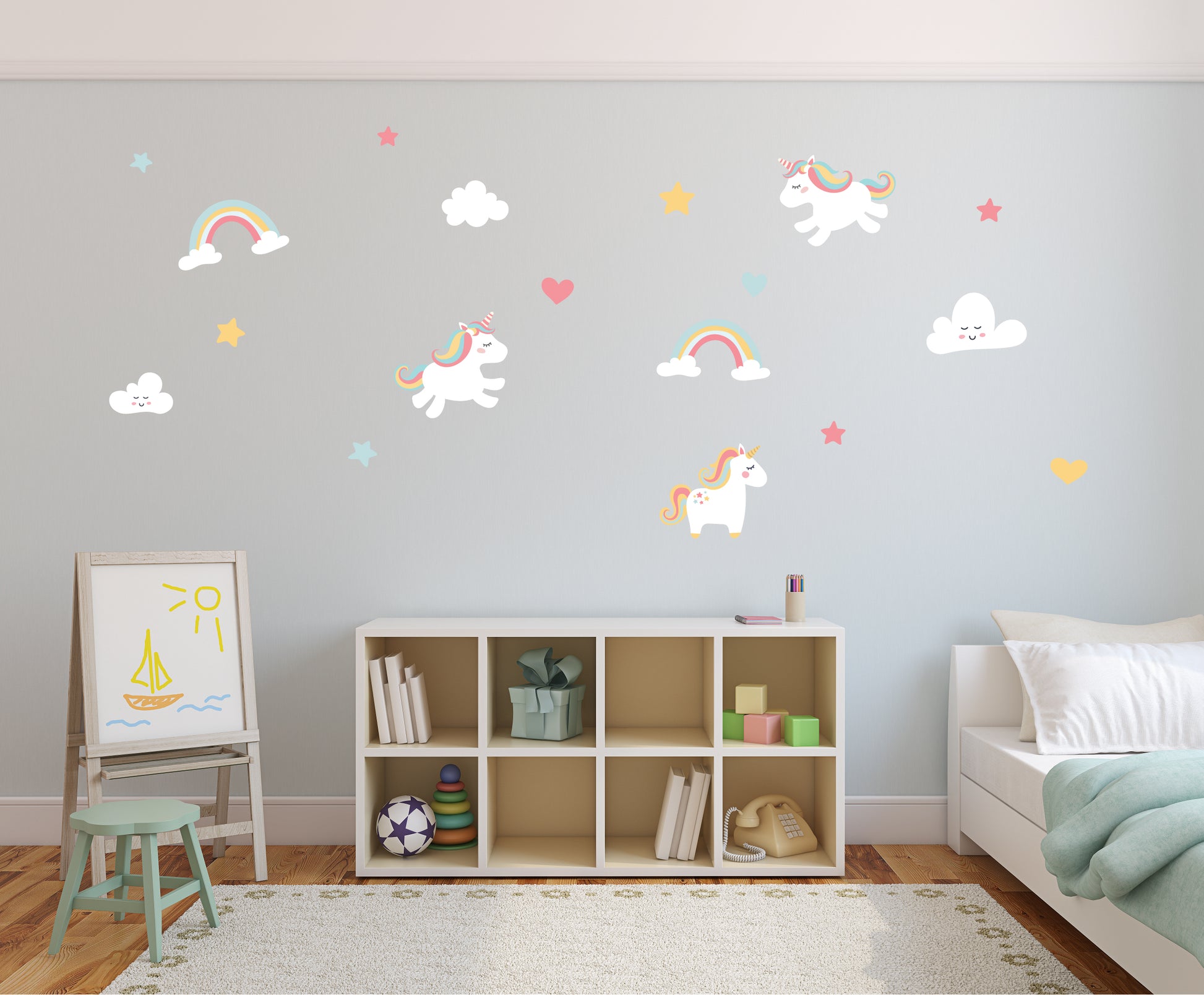 Magical unicorn, rainbows and clouds wall decal set removable, repositionable and environmentally friendly self adhesive vinyl