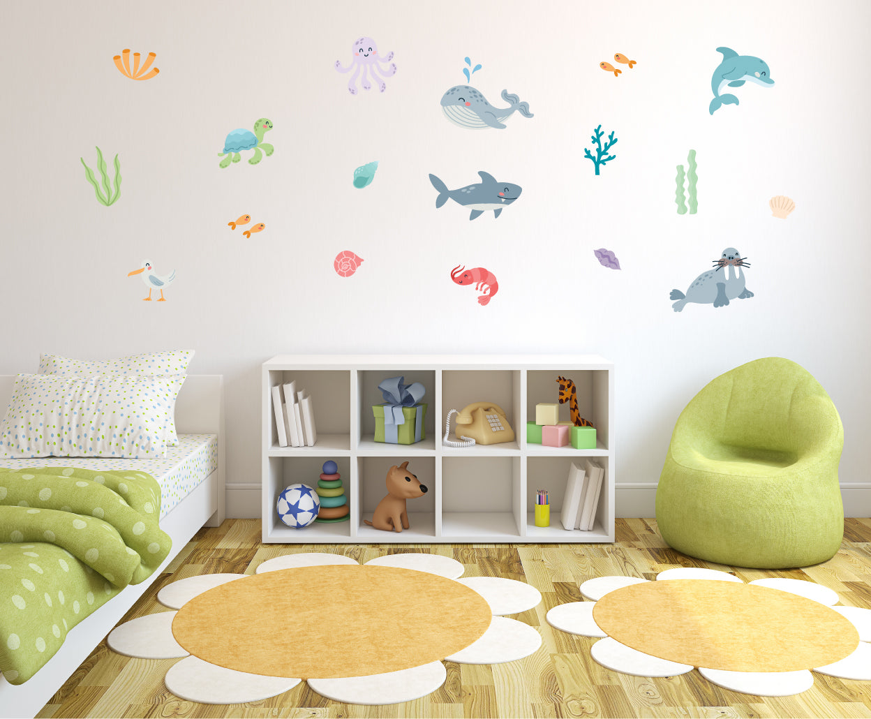 Marine animals wall decal set colourful, removable, repositionable and environmentally friendly self adhesive vinyl