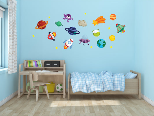 Space animals wall decal set colourful, removable, repositionable and environmentally friendly self adhesive vinyl