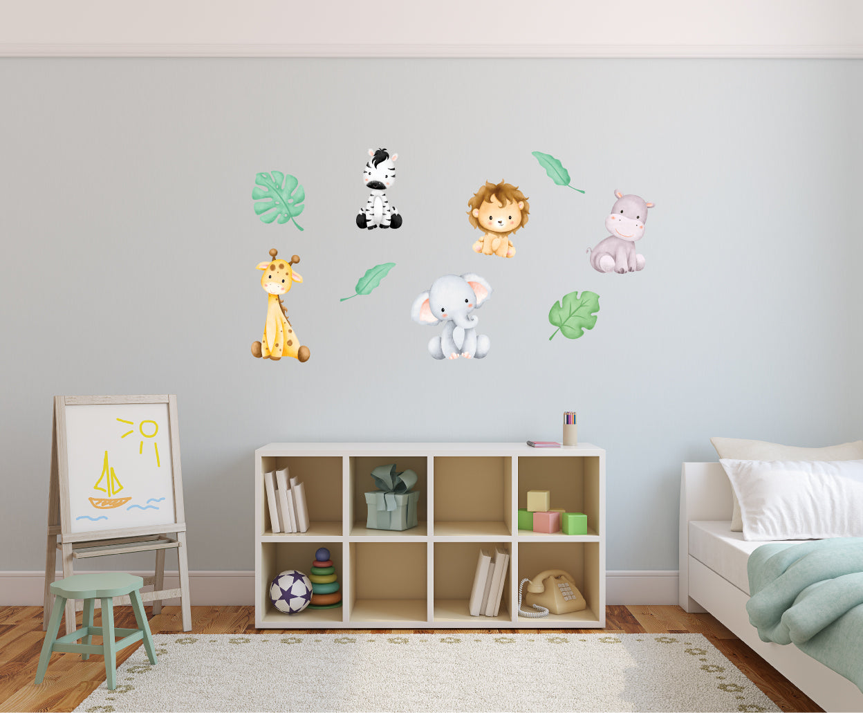 Cute jungle animal wall decal set colourful, removable, repositionable and environmentally friendly self adhesive vinyl