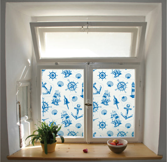 Nautical pattern window film privacy stained glass effect